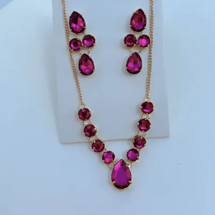 Kit Colar + Brinco de Pedraria Princess Cor:Pink