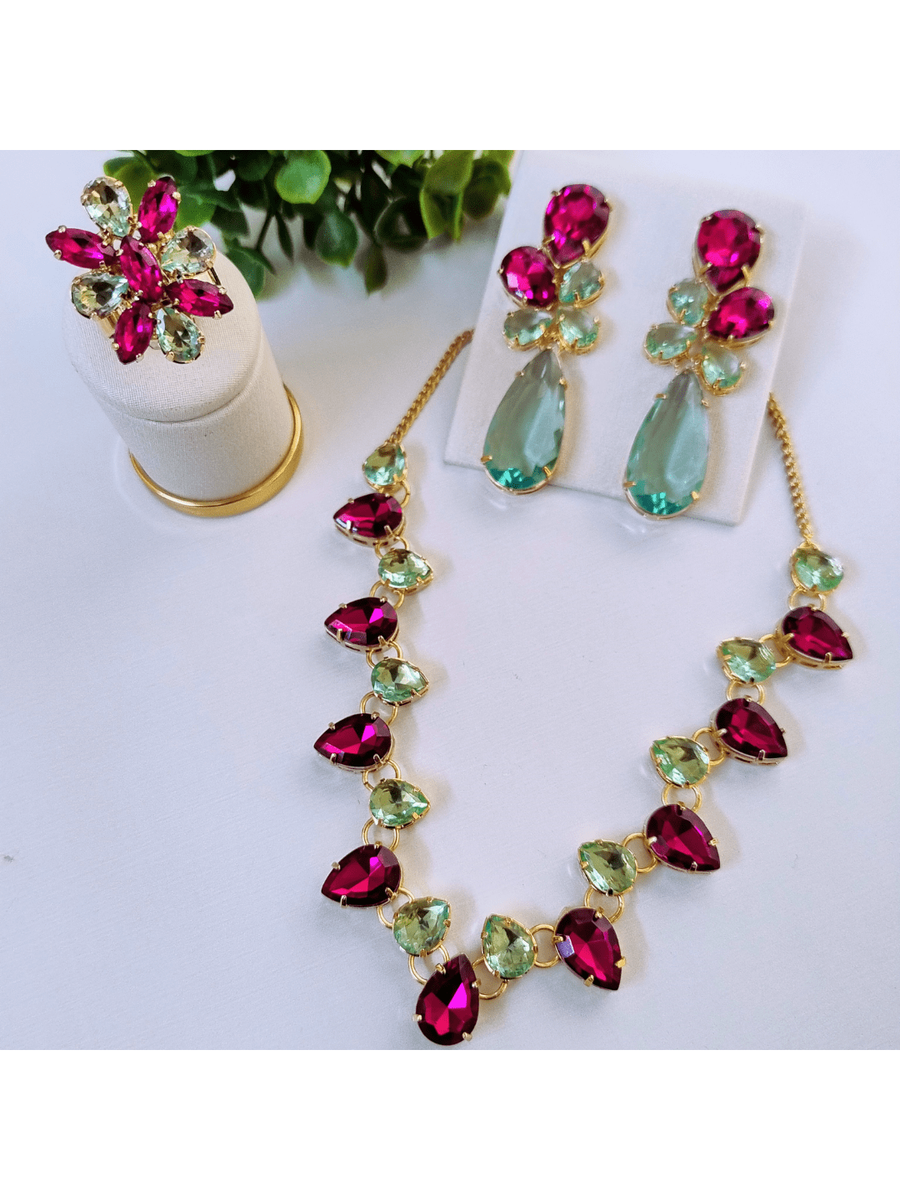 KIT COLAR BRINCO E ANEL KIEV MENTA COM PINK Cor:PINK COM MENTA
