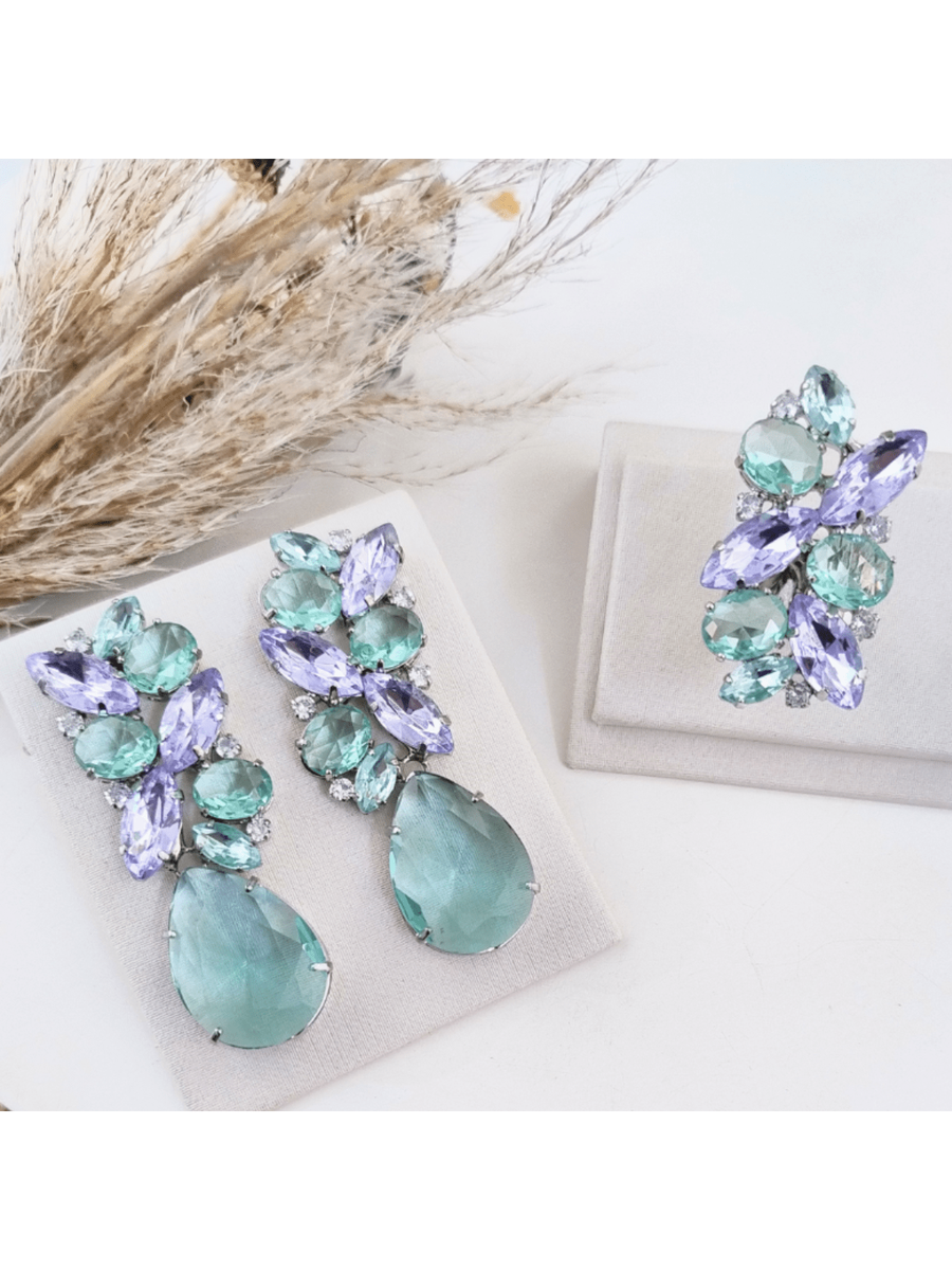KIT ANEL COM BRINCO RENATA LAVANDA COM MENTA BANHO NIQUEL Cor:LAVANDA COM MENTA