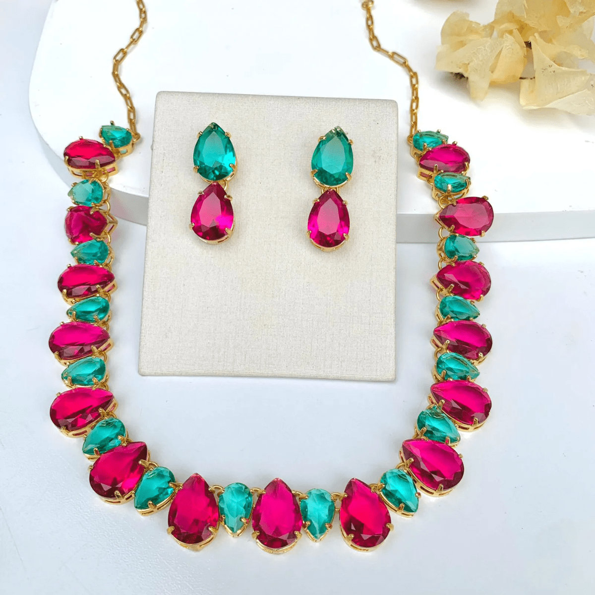 KIT COLAR E BRINCO PINK COM TURMALINA DE ZIRCONIA CHRIS Cor:TURMALINA/PINK