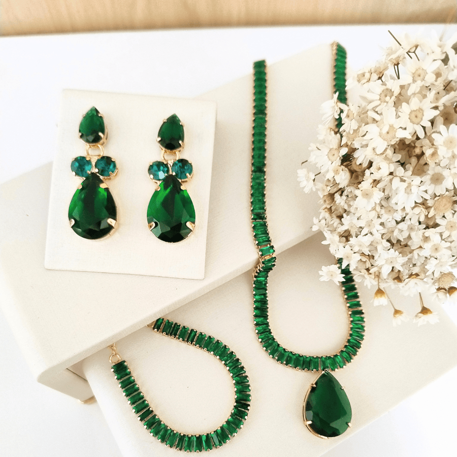 KIT COLAR, BRINCO E PULSEIRA VERDE PRIN Cor:ESMERALDA