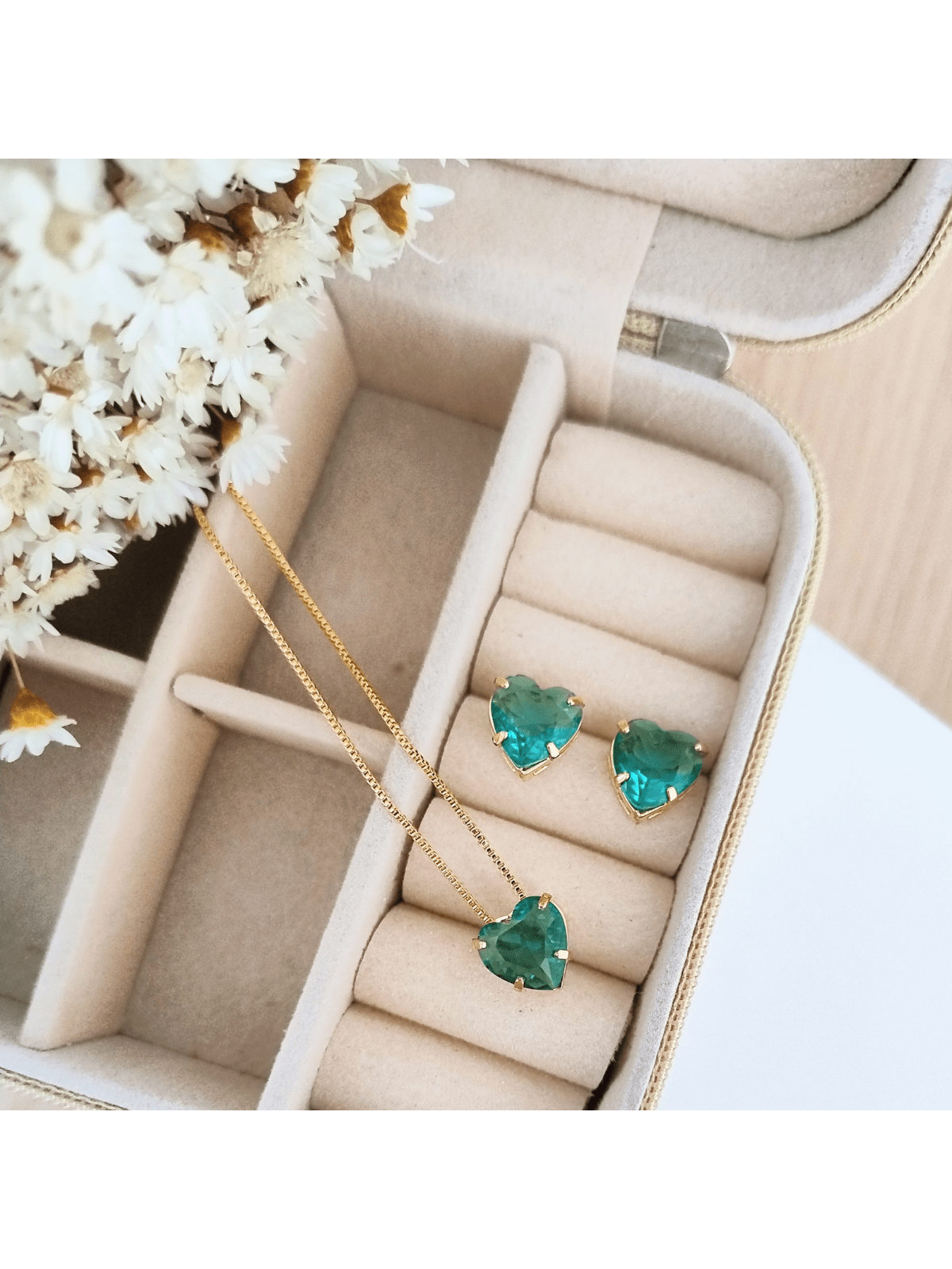 KIT COLAR COM BRINCO CORAÇÃO PEDRA ZIRCONIA Cor:TURMALINA