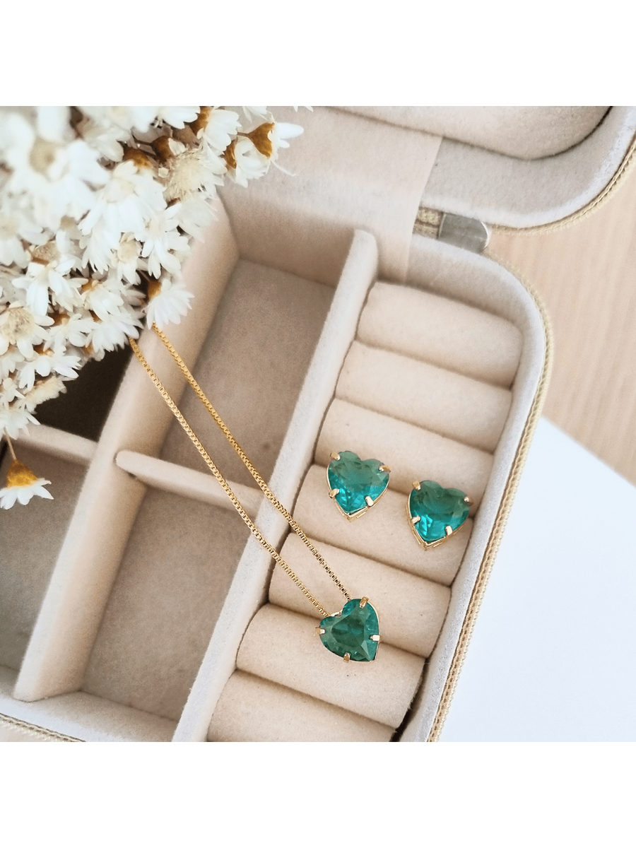 KIT COLAR COM BRINCO CORAÇÃO PEDRA ZIRCONIA Cor:TURMALINA