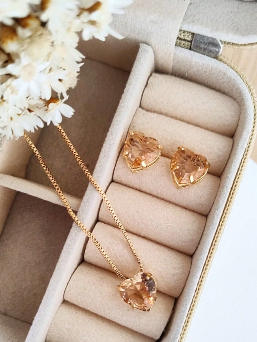KIT COLAR COM BRINCO CORAÇÃO PEDRA ZIRCONIA Cor:AMBAR