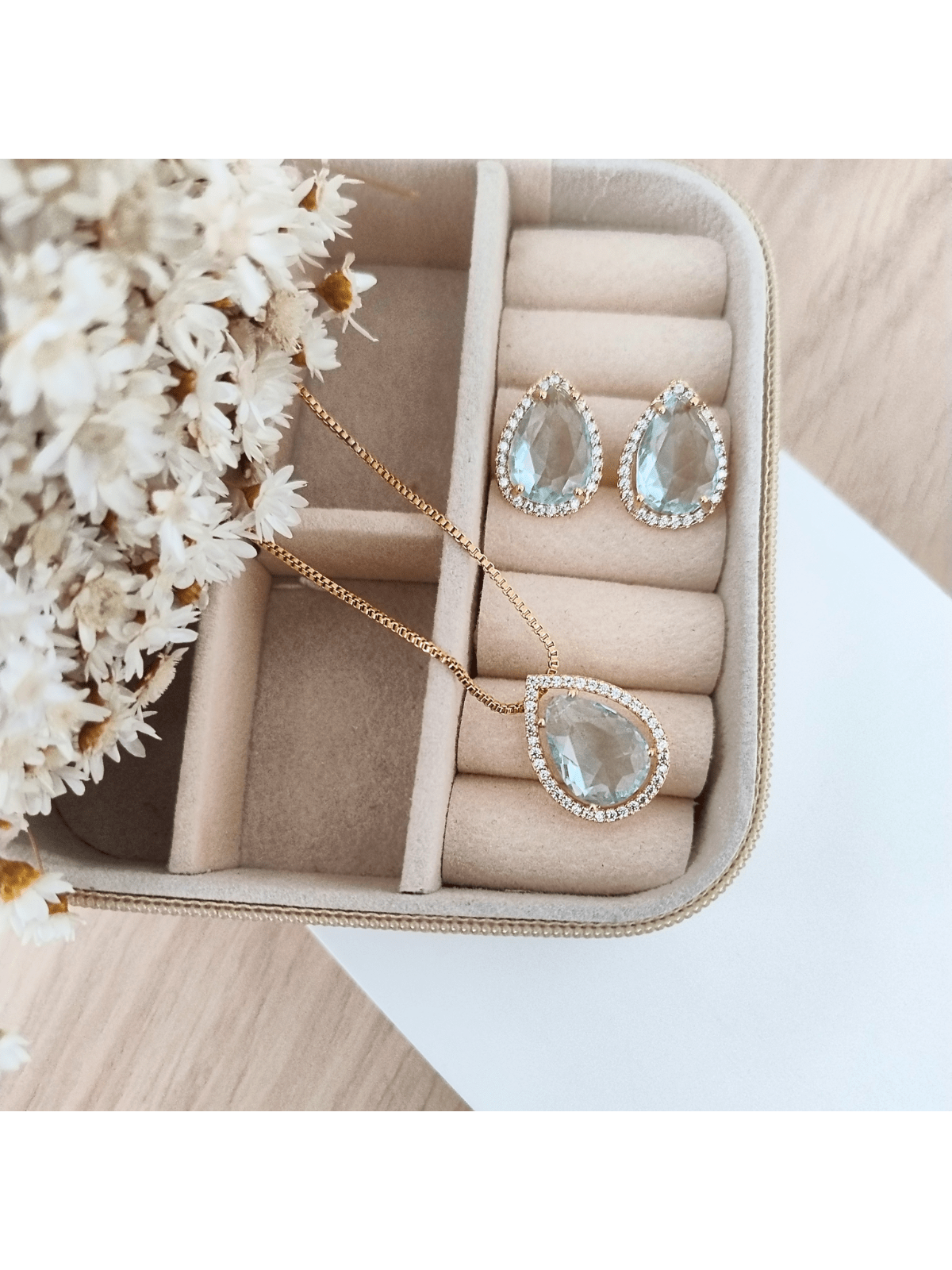 KIT COLAR COM BRINCO POLLY DE ZIRCONIA AZUL Cor:Azul