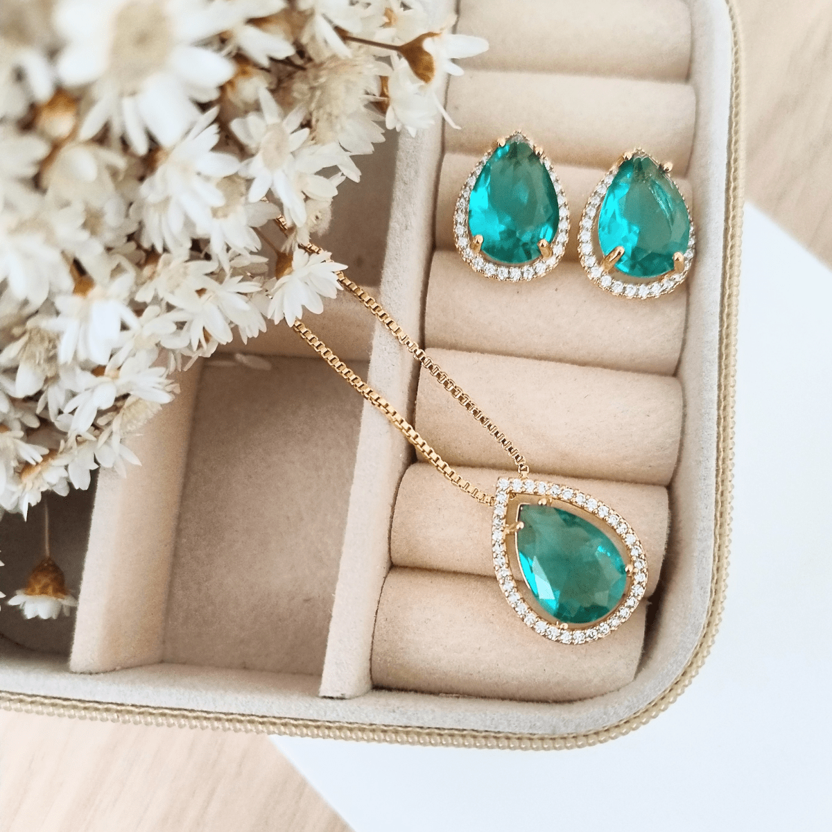KIT COLAR COM BRINCO POLLY DE ZIRCONIA VERDE TURMALINA Cor:VERDE TURMALINA