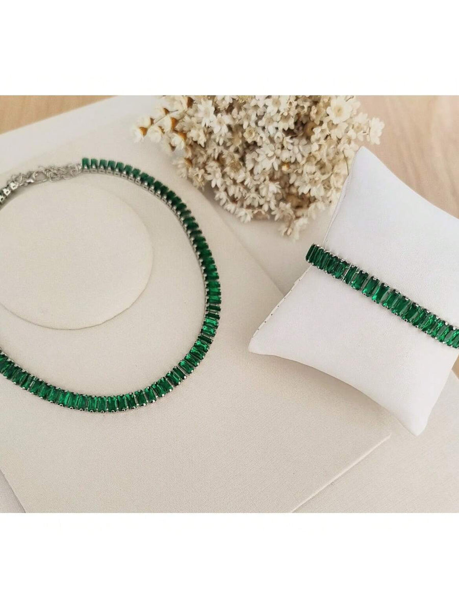 KIT CHOCKER COM PULSEIRA RAFAS ESMERALDA DE ZIRCONIA PRATA Cor:ESMERALDA