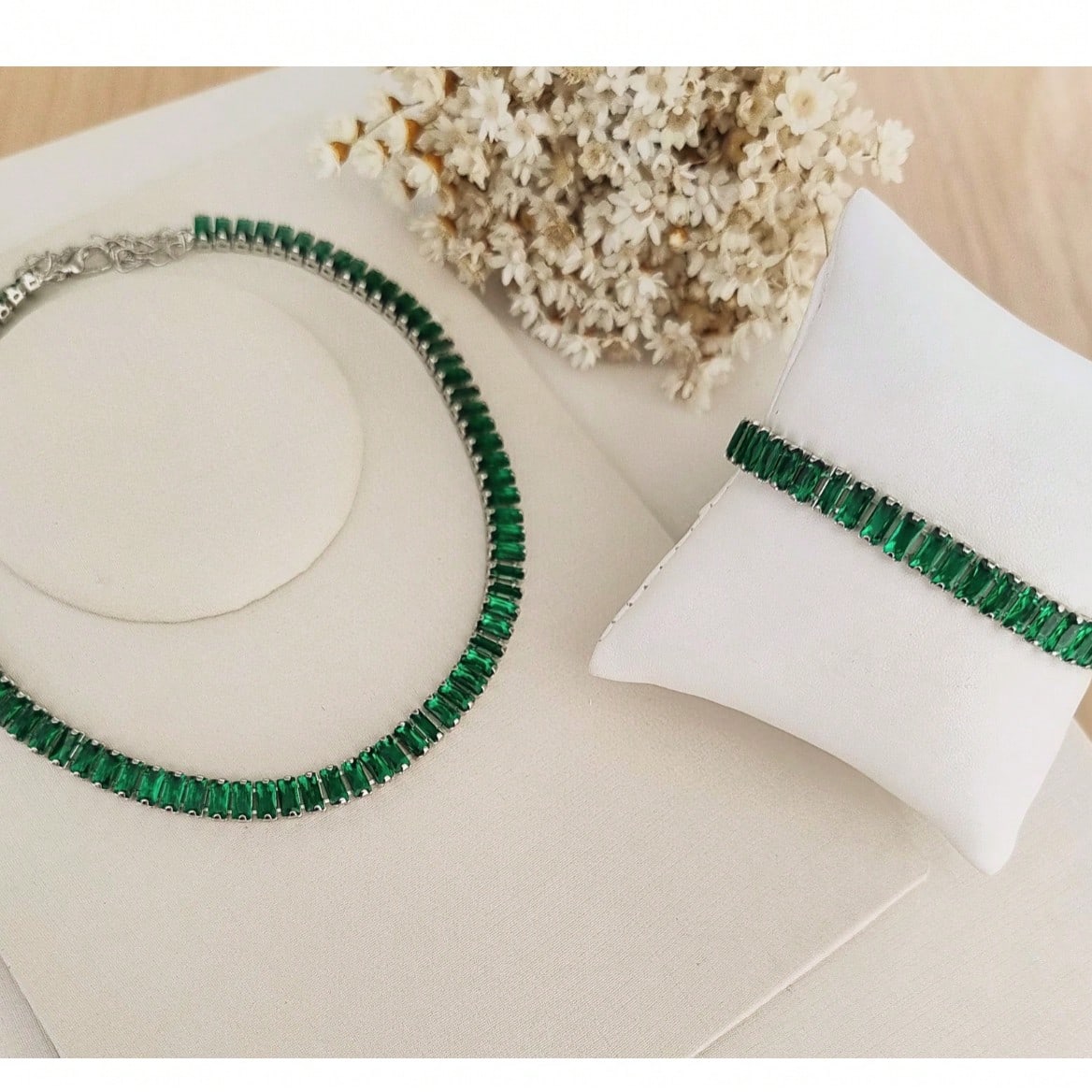 KIT CHOCKER COM PULSEIRA RAFAS ESMERALDA DE ZIRCONIA PRATA Cor:ESMERALDA