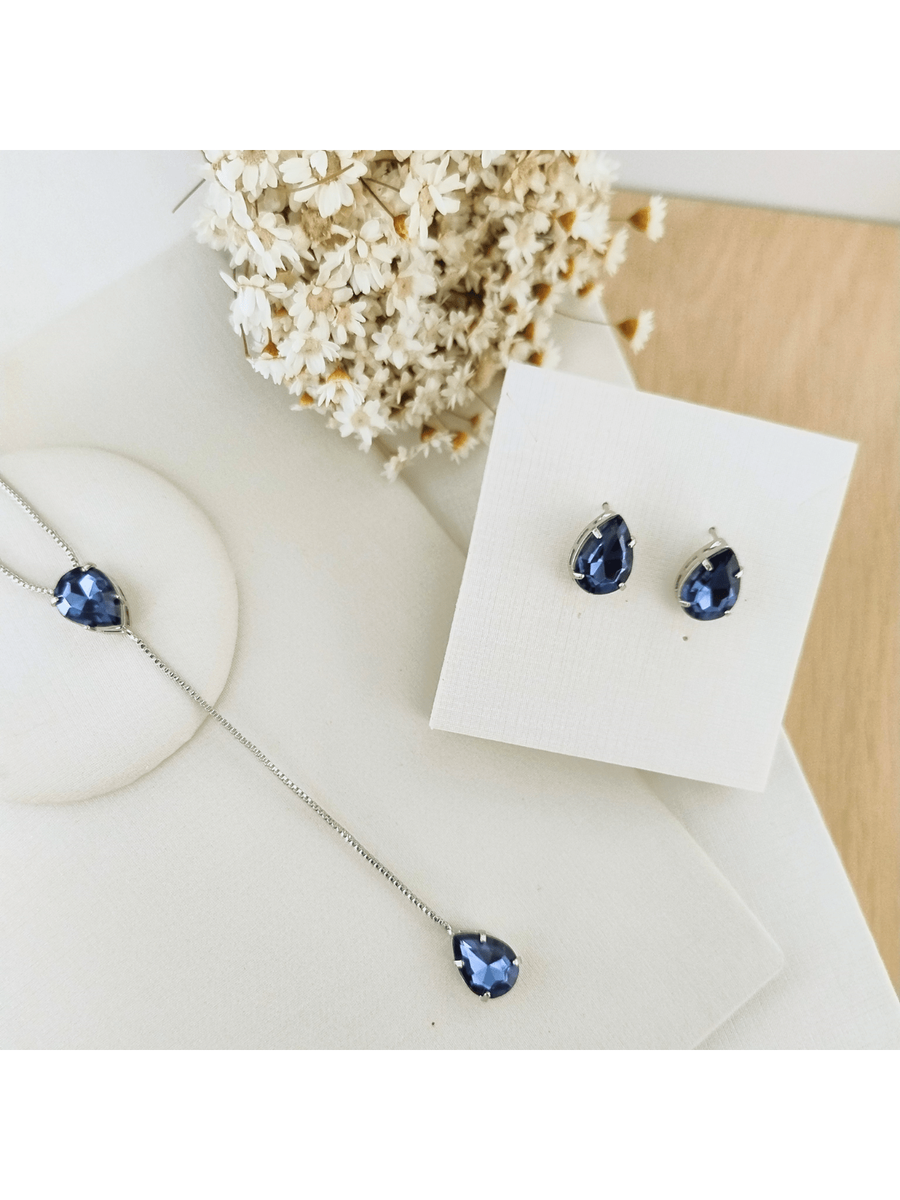 KIT COLAR COM BRINCO V E V BANHO PRATA Cor:AZUL SAFIRA