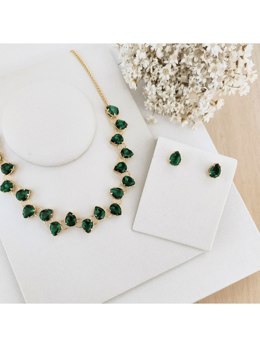 KIT COLAR COM BRINCO MANAUS DE ZIRCONIA BANHO OURO Cor:ESMERALDA