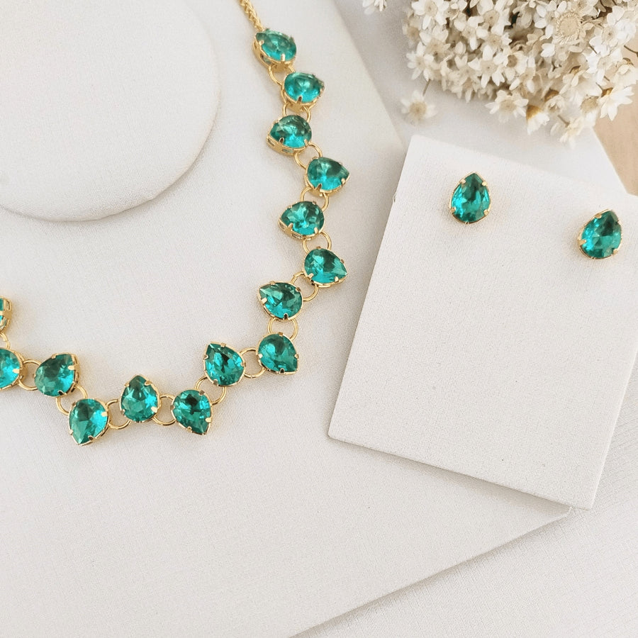 KIT COLAR COM BRINCO MANAUS DE ZIRCONIA BANHO OURO Cor:VERDE TURMALINA