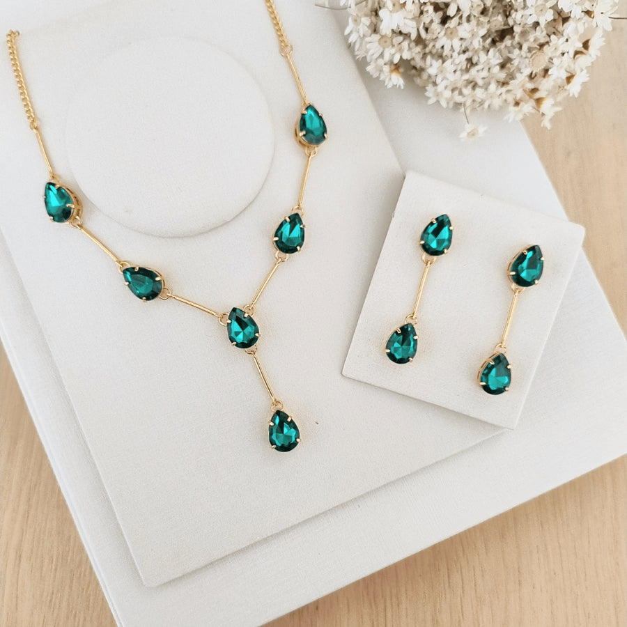 KIT COLAR COM BRINCO SALULA BANHO OURO Cor:ESMERALDA
