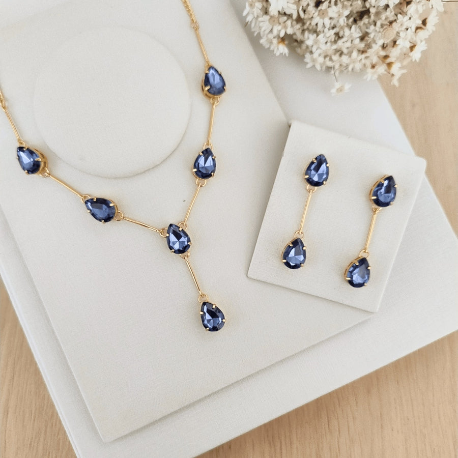 KIT COLAR COM BRINCO SALULA BANHO OURO Cor:AZUL SAFIRA