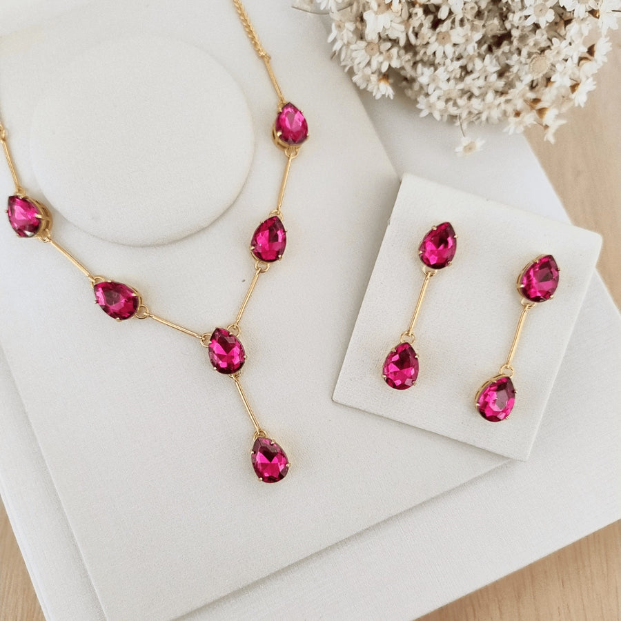 KIT COLAR COM BRINCO SALULA BANHO OURO Cor:Rosa chiclete