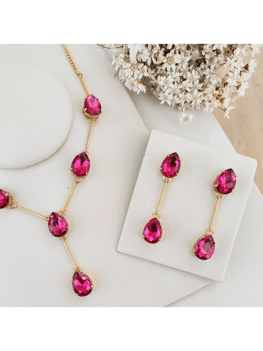 KIT COLAR COM BRINCO SALULA BANHO OURO Cor:Rosa chiclete