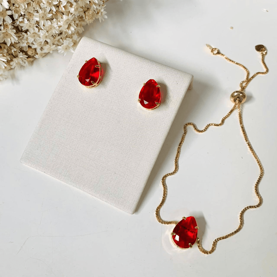 KIT PULSEIRA E BRINCO GOTINHA VERMELHO ZIRCONIA SAMY BANHO OURO Cor:Vermelho