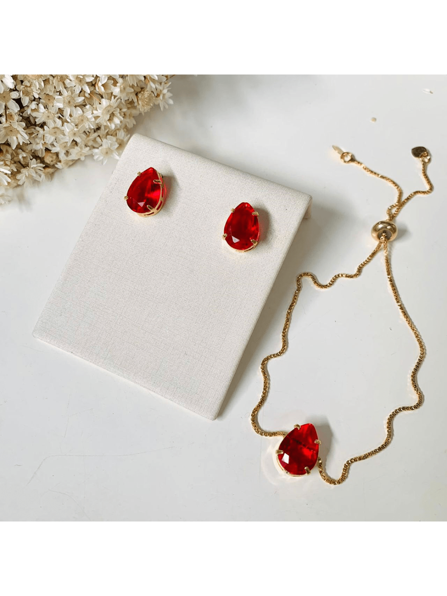 KIT PULSEIRA E BRINCO GOTINHA VERMELHO ZIRCONIA SAMY BANHO OURO Cor:Vermelho