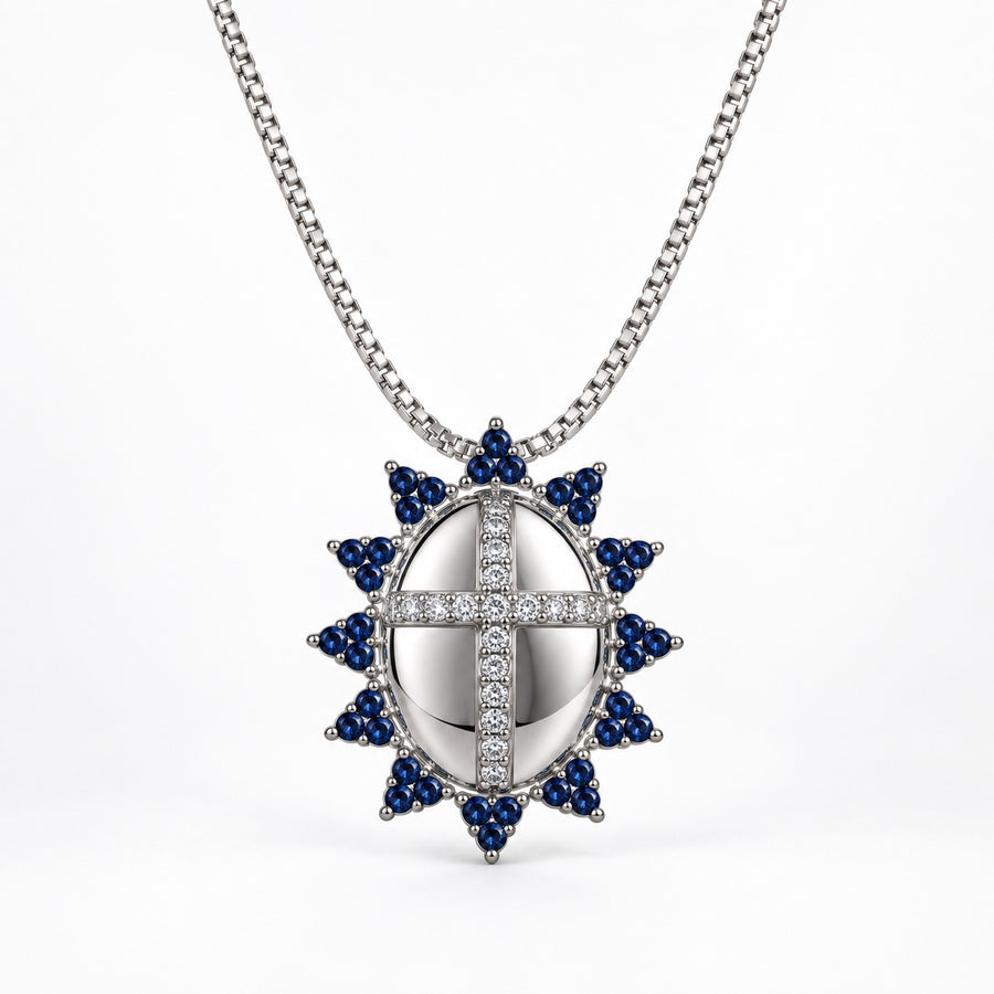 COLAR COM CRUZ DE ZIRCÔNIA AZUL SAFIRA BANHO PRATA