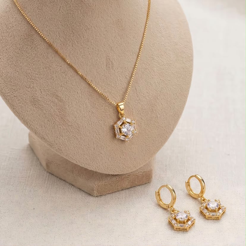 KIT COLAR E BRINCO ARGOLINHA DE ZIRCÔNIA CRISTAL HELOISE BANHO DOURADO