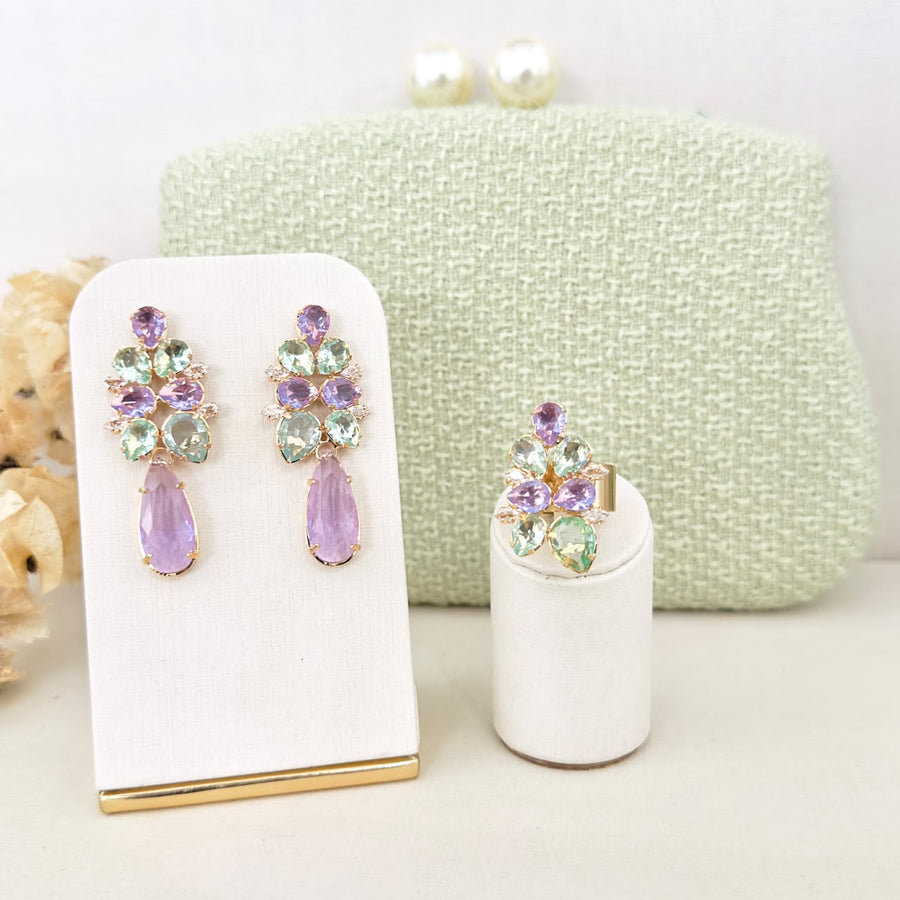 Kit Clutch, Brinco e Anel Regulável Thamires de Zircônia Lavanda com Menta Banho Dourado