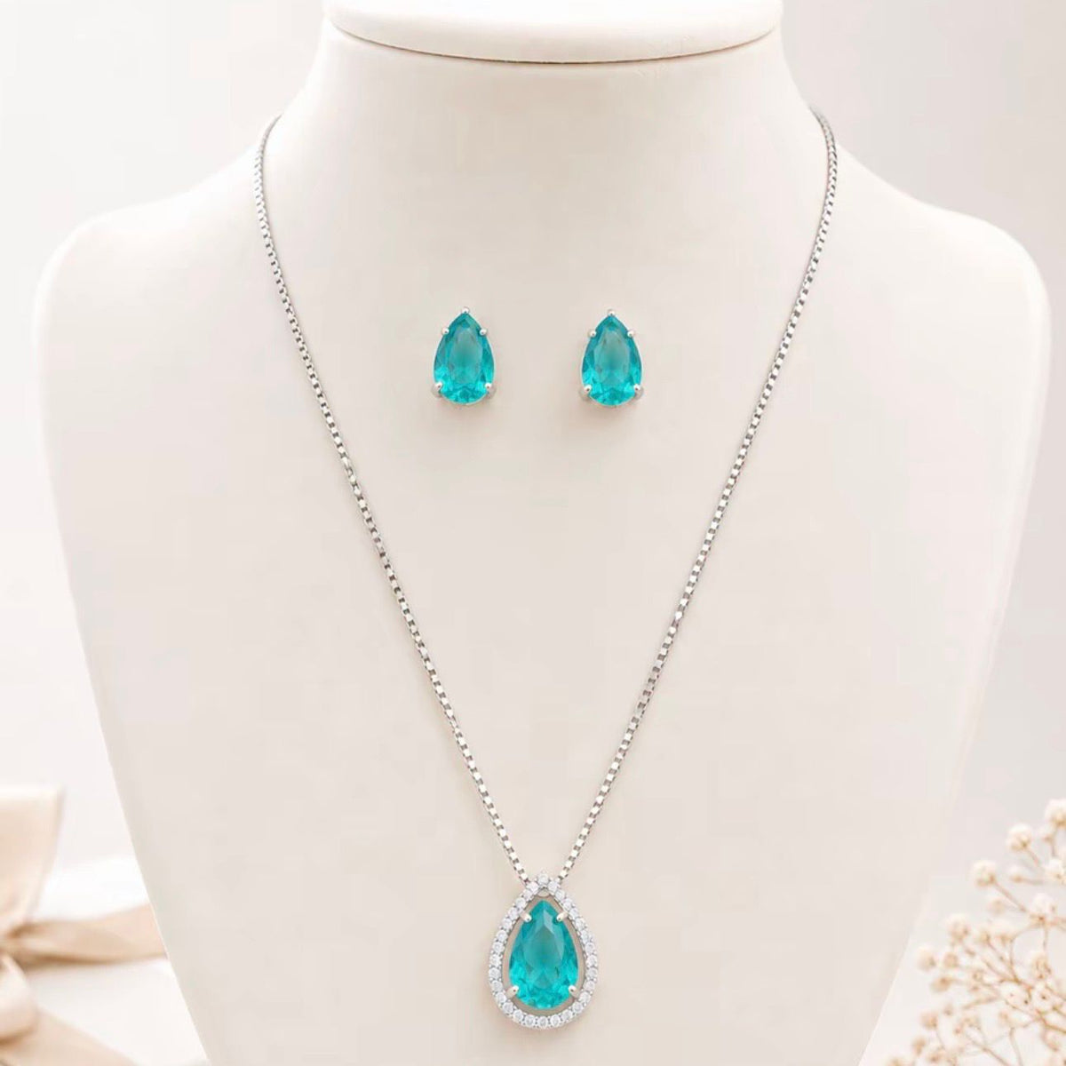 Kit Brinco e Colar Gota Polly de Zircônia Banho Prata - ESCOLHER COR