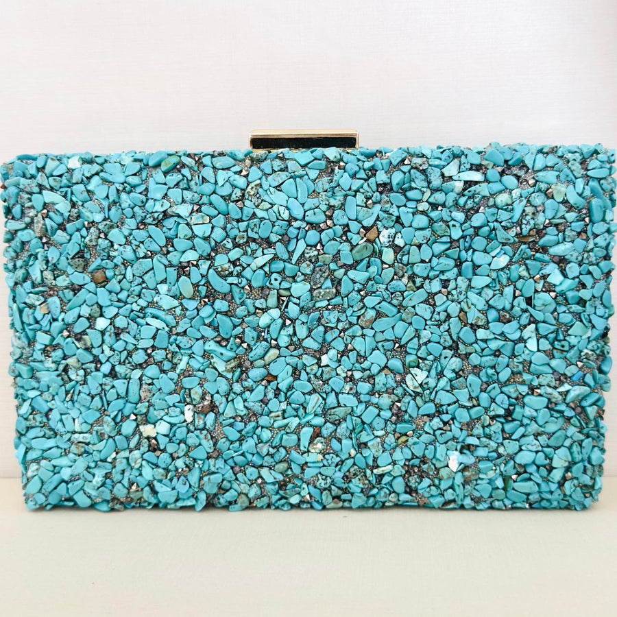 Clutch de Pedrinhas Azul Claro Turquesa Detalhe Dourado