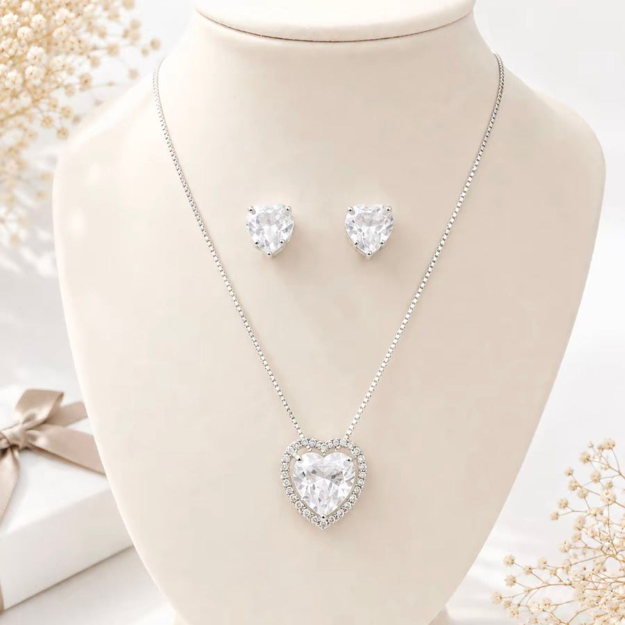 Kit Brinco e Colar Coração de Zircônia Cristal Banho Prata
