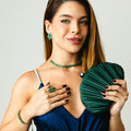Kit 5 Peças Clutch, Brinco, Anel Regulável, Pulseira e Colar de Gotinhas Zircônia Esmeralda Prata