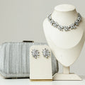 Kit Clutch, Brinco e Colar Jessy de Pedraria Cristal Banho Prata