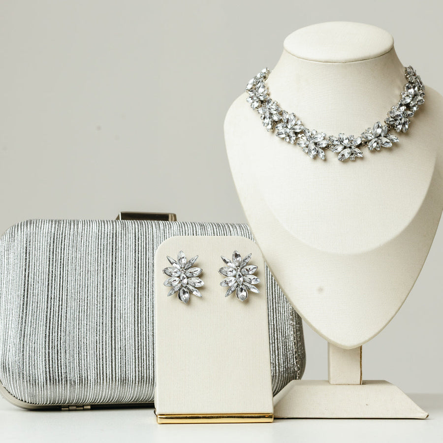 Kit Clutch, Brinco e Colar Jessy de Pedraria Cristal Banho Prata