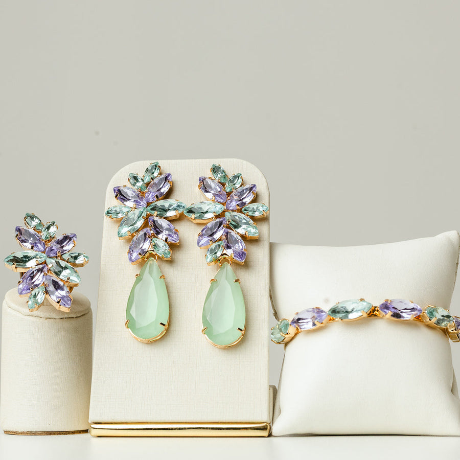 Kit Brinco, Bracelete e Anel Regulável Londres Lavanda com Menta Banho Dourado