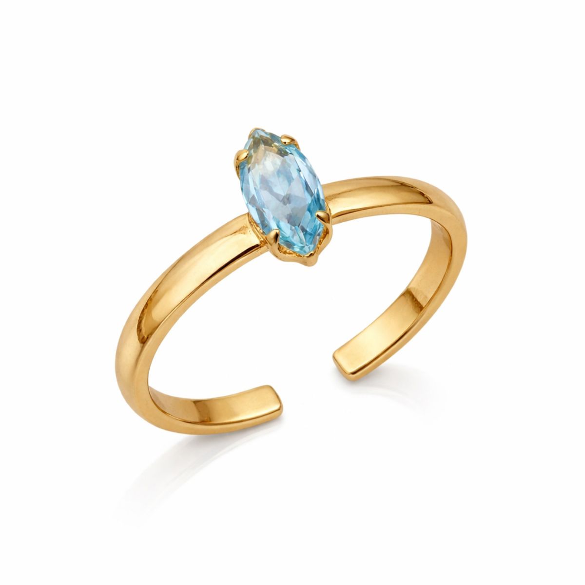 Anel De Navete Azul Em Zirconia Dourado