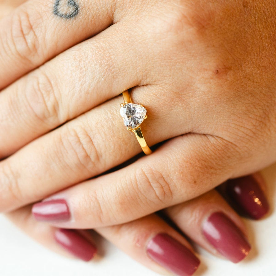 Anel Solitário Coração Delicado de Zircônia Cristal | Dourado Tamanho:18