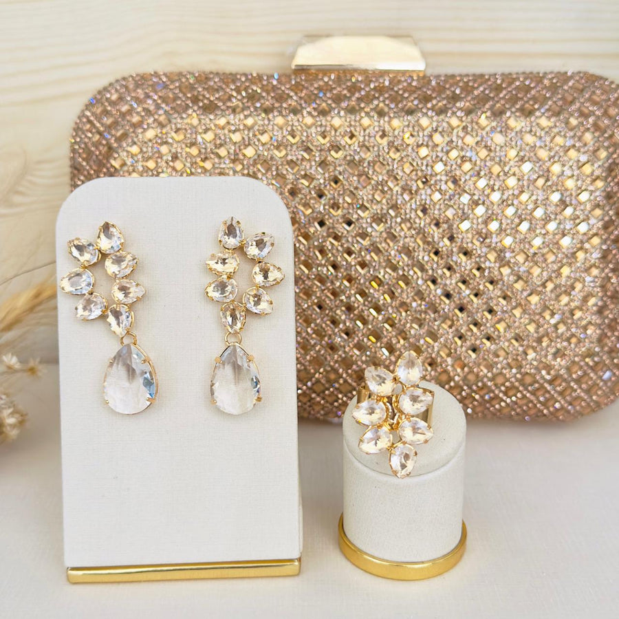 Kit Clutch Brilhosa, Brinco e Anel Regulável Wall deZircônia Cristal Dourado
