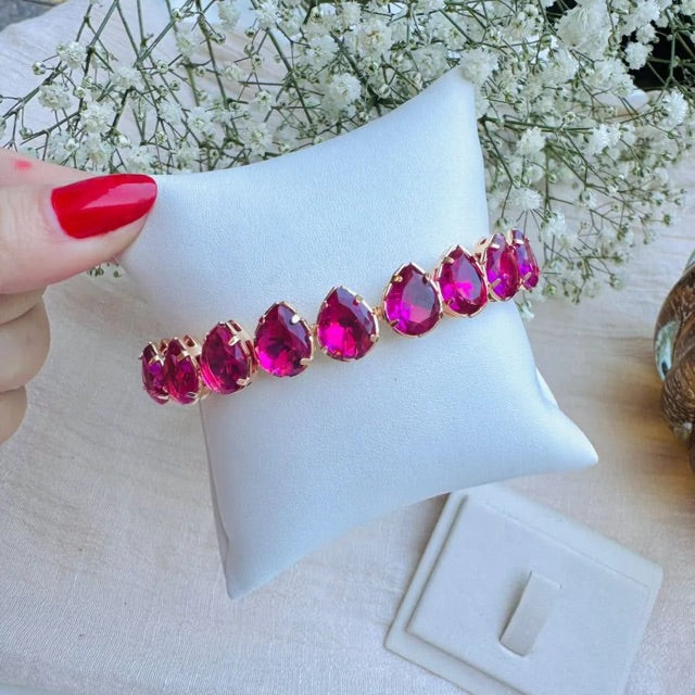 Bracelete Gotinha Alice de Zircônia Fúcsia Dourado
