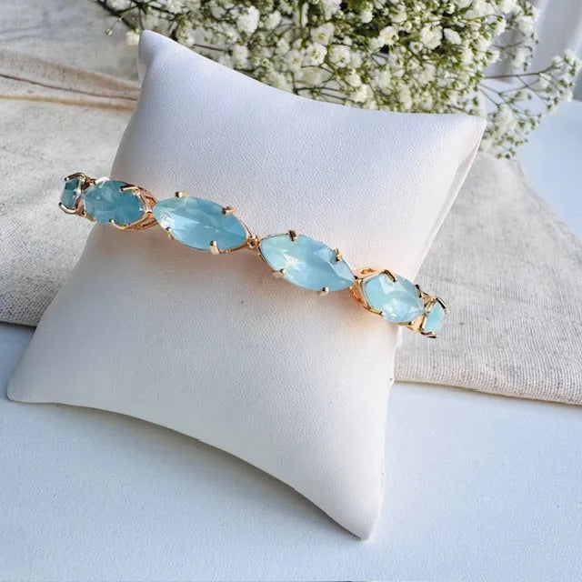 Bracelete Navete de Pedraria Azul Aquac Dourado