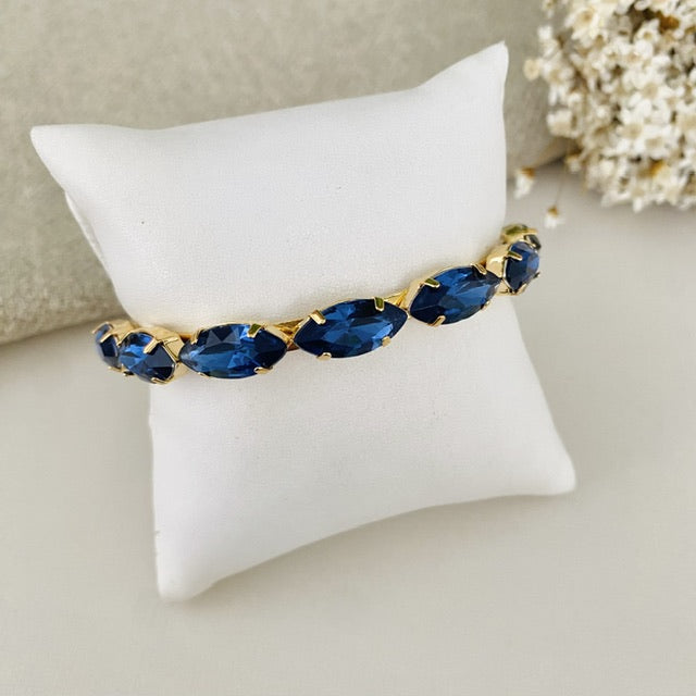 Bracelete Navete de Pedraria Azul Safira Dourado