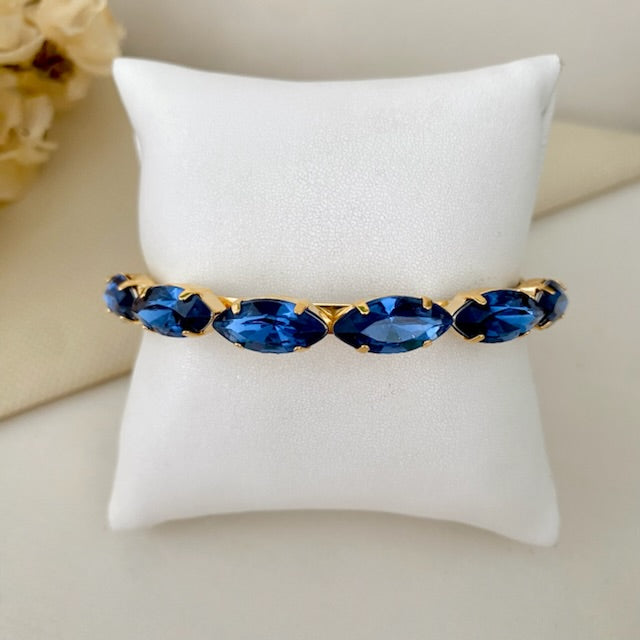 Bracelete Navete de Pedraria Azul Safira Dourado