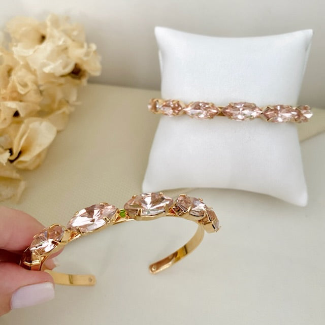 Bracelete Navete de Pedraria Rosa Nude Dourado