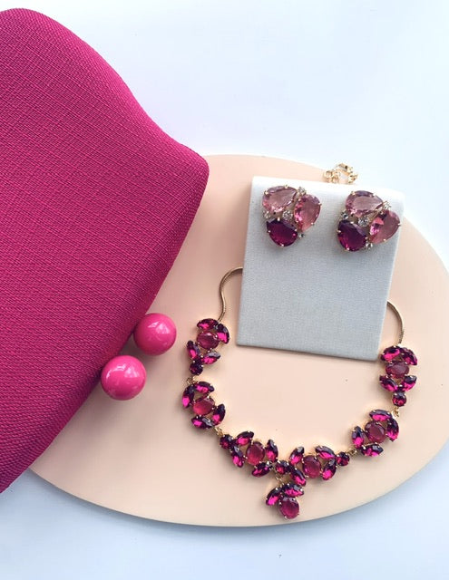 Clutch, colar e Brinco Tons de Rosa com Fucsia Lívia