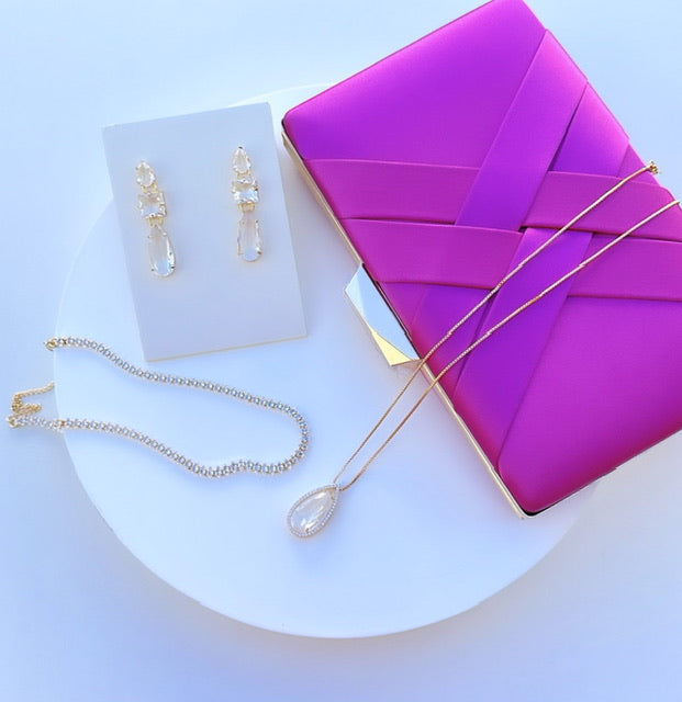 Clutch Rosa Fucsia com acessórios em cristal