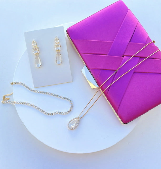 Clutch Rosa Fucsia com acessórios em cristal