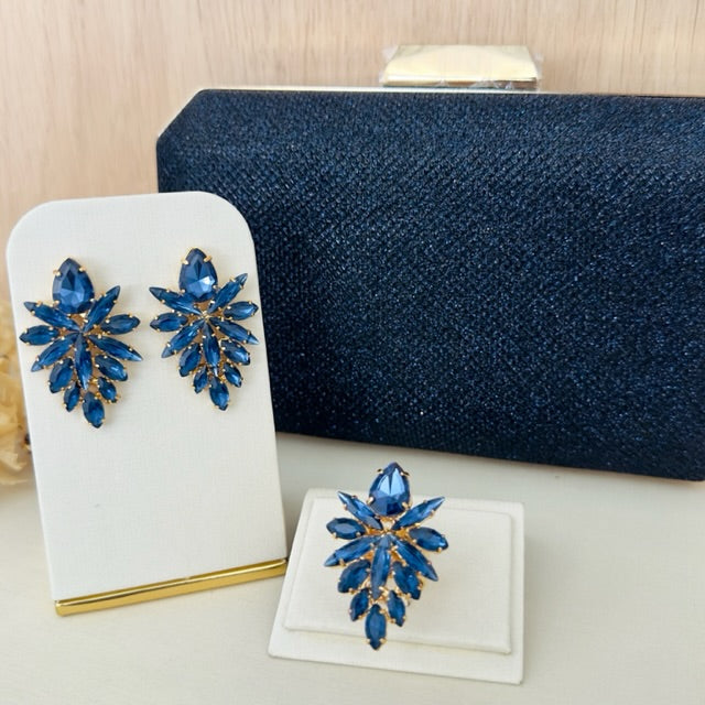 Clutch Brilhosa, Anel Regulável e Brinco Kate Azul Safira Banho Dourado