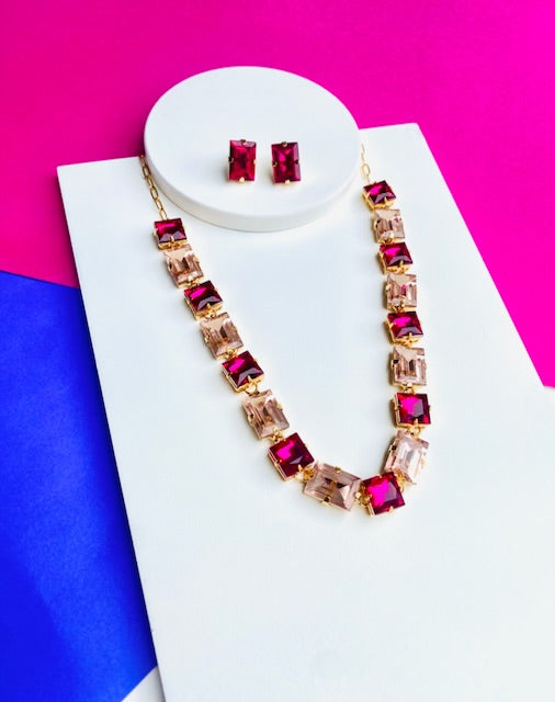 kit Colar com Brinco rosa com Rosa Pink Salete