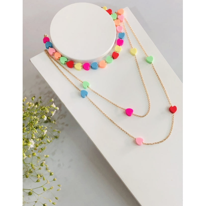 Colar Duplo + Choker Coração Colorido