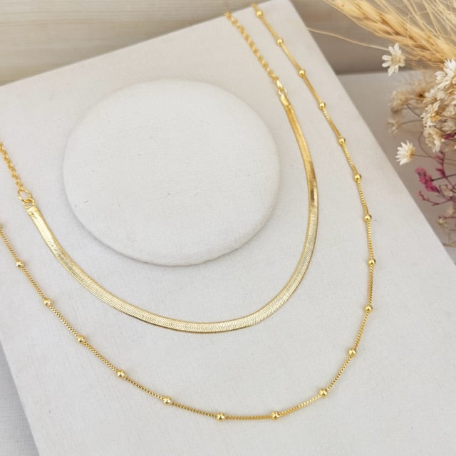 Colar Duplo Corrente Bolinha e Fita Dourado