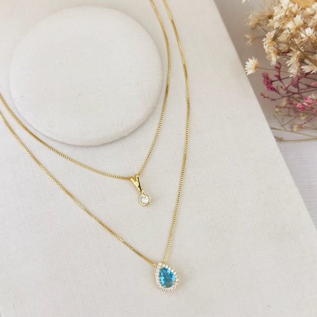 Colar Duplo de Gota Azul Serenity Cravejado com Zircônia Dourado
