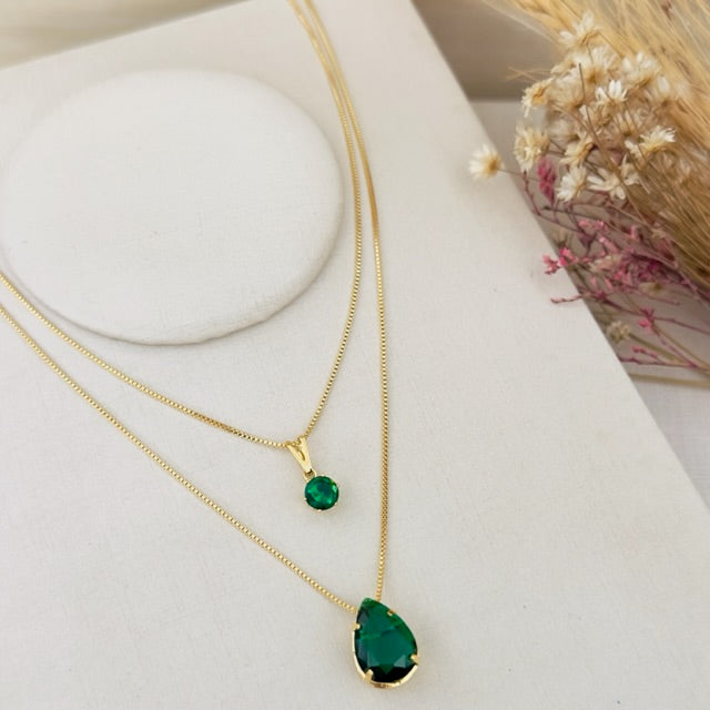 Colar Duplo de Zircônia Esmeralda Dourado