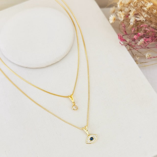 Colar Duplo Olho Grego de Zircônia Dourado