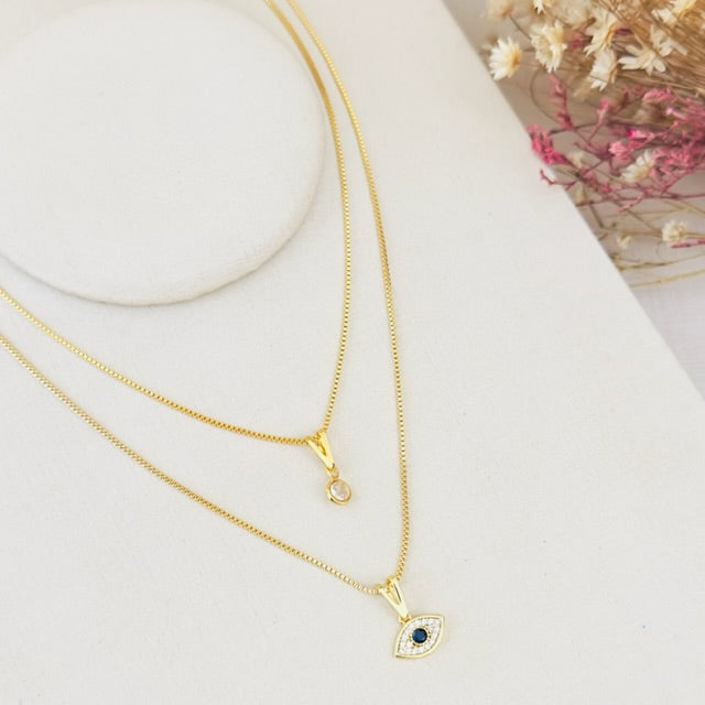 Colar Duplo Olho Grego de Zircônia Dourado